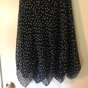 Handkerchief hem, navy with white polkadots midi skirt. Size 10